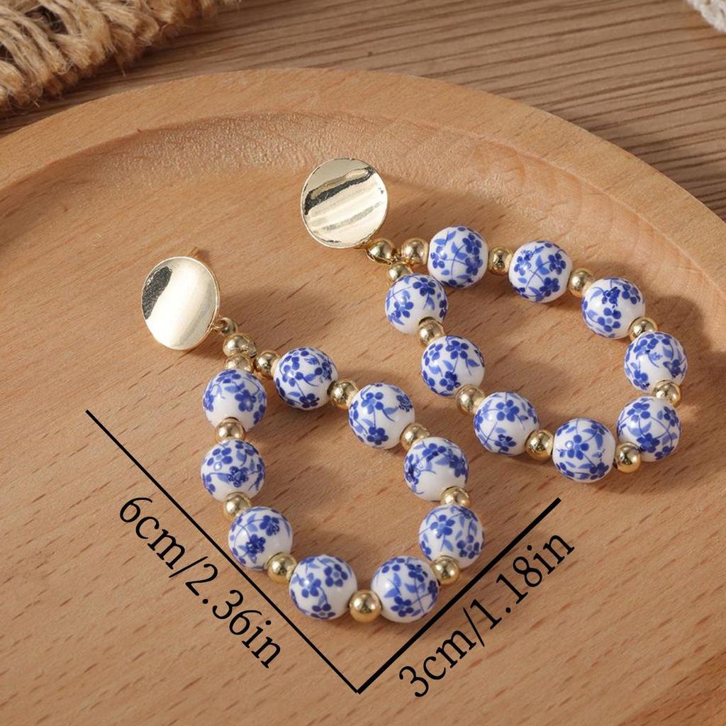 Retro Blue & White Porcelain Beaded Hoop Earrings - Smooth, Slightly Curved Studs for Spring/Summer 2025