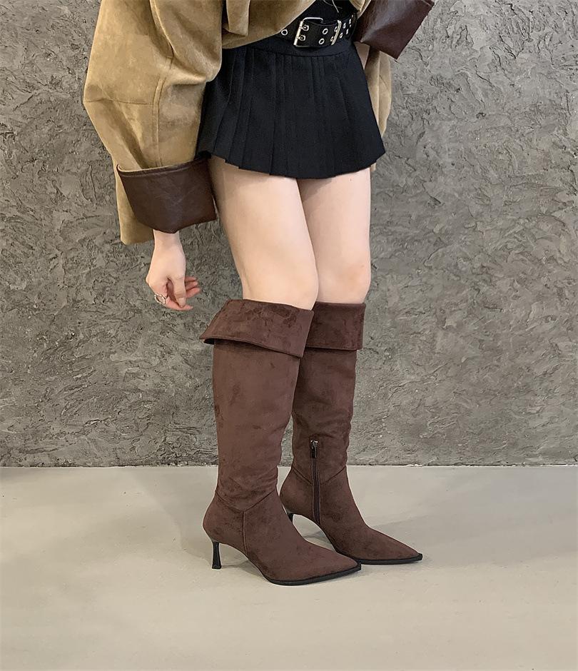 

2 Носить тип 2025 осень и зима новые остроносые тонкий каблук высокий каблук сапоги тонкие французская мода замшевые высокие женские сапоги 39 коричневый