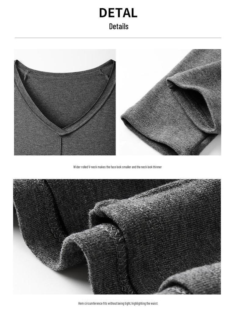 Premium Rolled-Edge V-Neck Slimming Long Sleeve Top for Women - Autumn/Winter