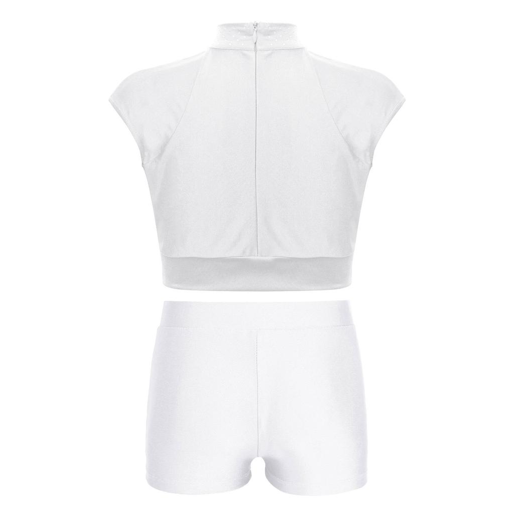 Girls Sleeveless Cutout Shiny Rhinestones Crop Top Figure Skating Dance Gymnastics V-front Waistband Shorts