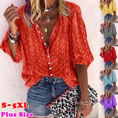 Women's Spring and Autumn Printed Long Sleeved Loose Collared Shirt Top