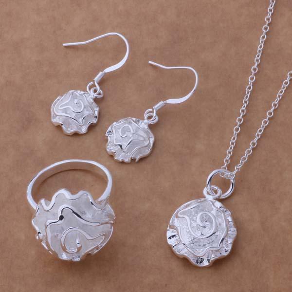 925 Sterling Silver Plated Rose Flower Jewelry Set: Earrings, Necklace, Ring - European & American Fashion