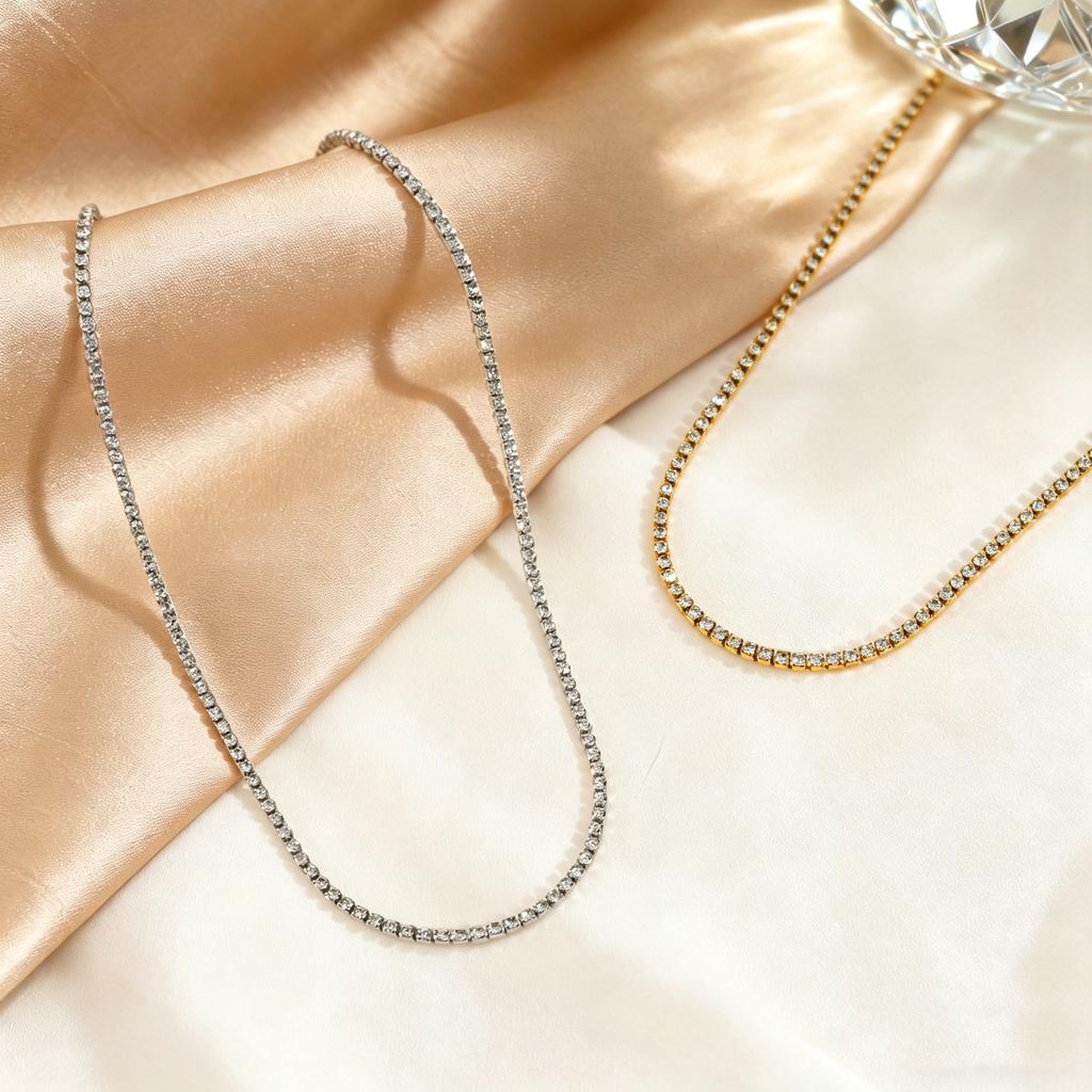 Stainless Steel Cubic Zircon Rhinestone Necklace for Women Luxury Tennis Chain Choker Necklace Minimalist Jewelry Accessories