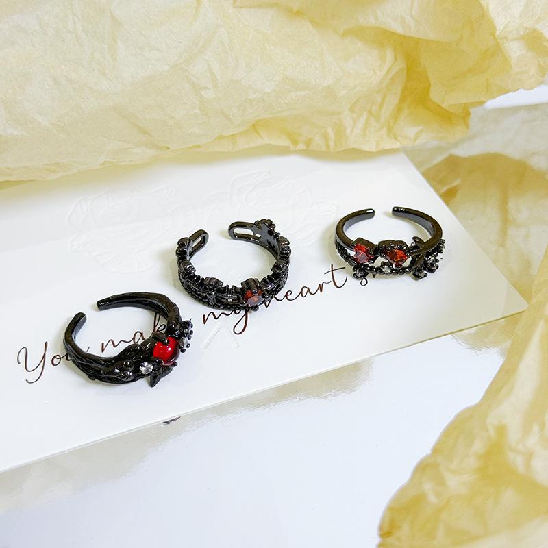 Dark Stacked Wearing Personalized Thorn Open Ring Niche Design Red Zircon Retro Punk Fashion Index Finger Ring Woman