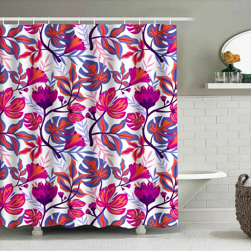 Vibrant Floral Shower Curtain Set Pink Blue Leaves Design For Bathroom Decor Polyester Waterproof Fabric Modern Home Decor Item