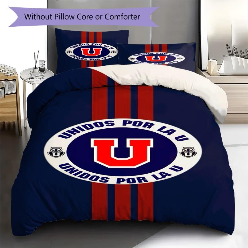 Unidos Por La U Club Logo Navy Red Stripe Print 3 Pieces Duvet Cover Set Chile Soccer Bedding Bedroom Home Decor Without Pillow Core Comforter
