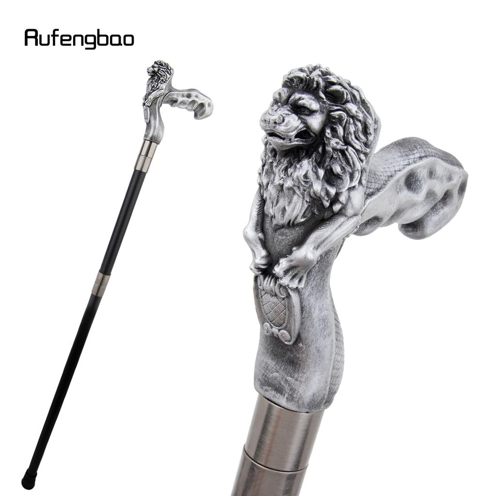 Silver Lion Head Resin Walking Cane Fashion Decorative Steel Stick Gentleman Lion Performance Stage Cane 93cm