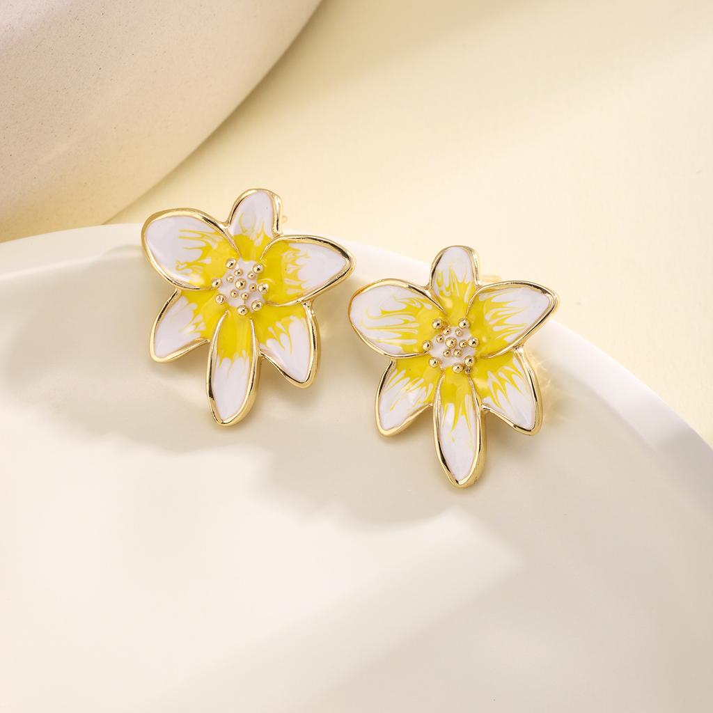 Nidin Summer Fresh Flower Enamel Stud Earrings 6 Colors Choice French Retro Style Cute Floral Ear Jewelry For Women Girls Gifts