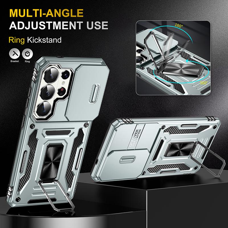 Case for Samsung S26 S25 S24 Plus Ultra Lens Sliding Window Protective Cover Full Coverage With Holder Kickstand Shock Proof