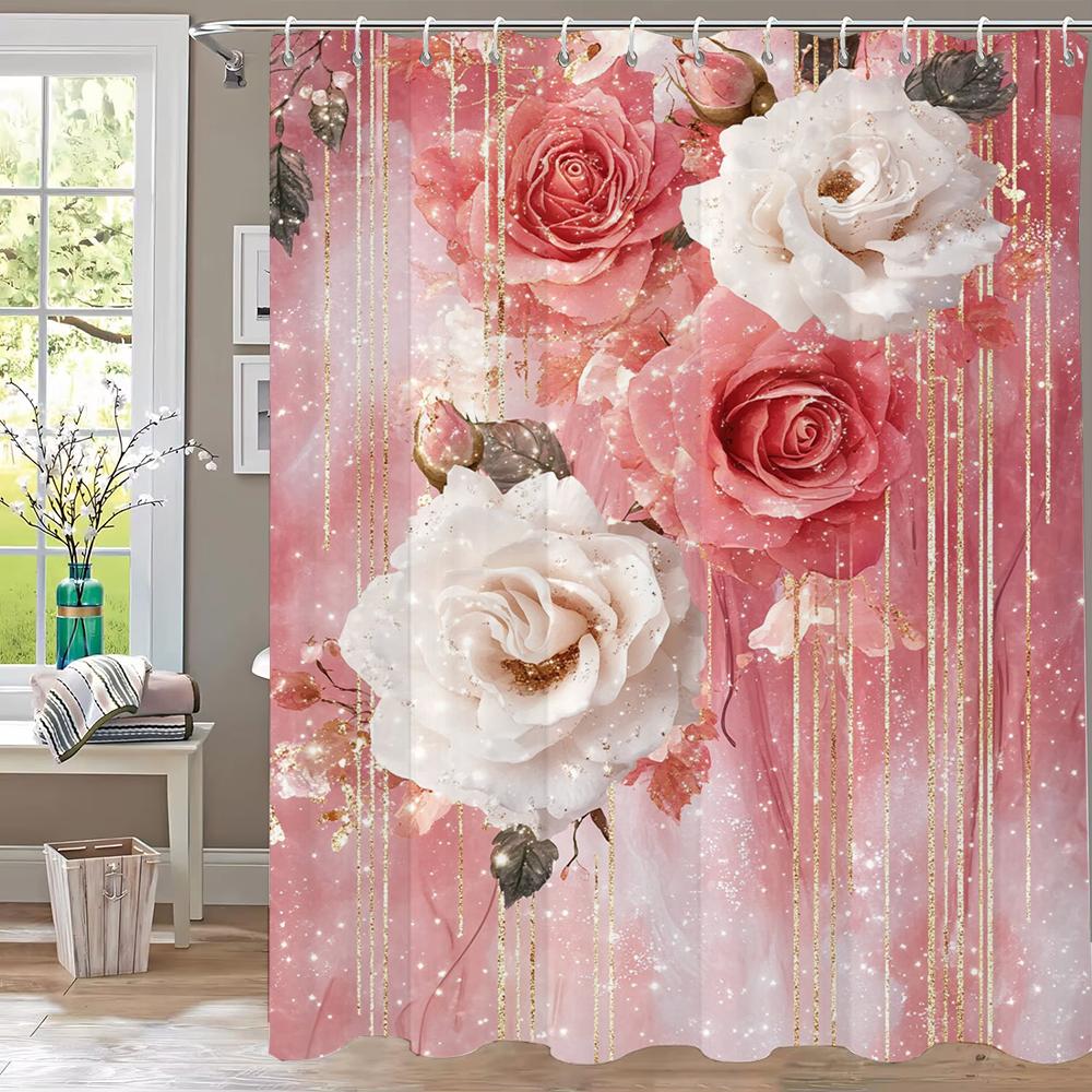 Pink Flower Shower Curtain For Women Bridal Wedding, Pink Flowers Romantic Suitable For Girls Hanging Curtain With Hooks