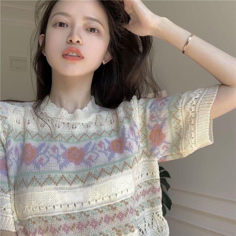 Hollow Out Short Sleeved Knitted Shirt for Women In Summer Slim Design Niche French Gentle Sweet and Spicy Style Top