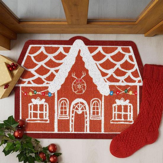 Gingerbread House Christmas Rug Gingerbread Welcome Door Mat Christmas Non Slip Entrance Rug for Indoor Outdoor Bathroom Kitchen Decor