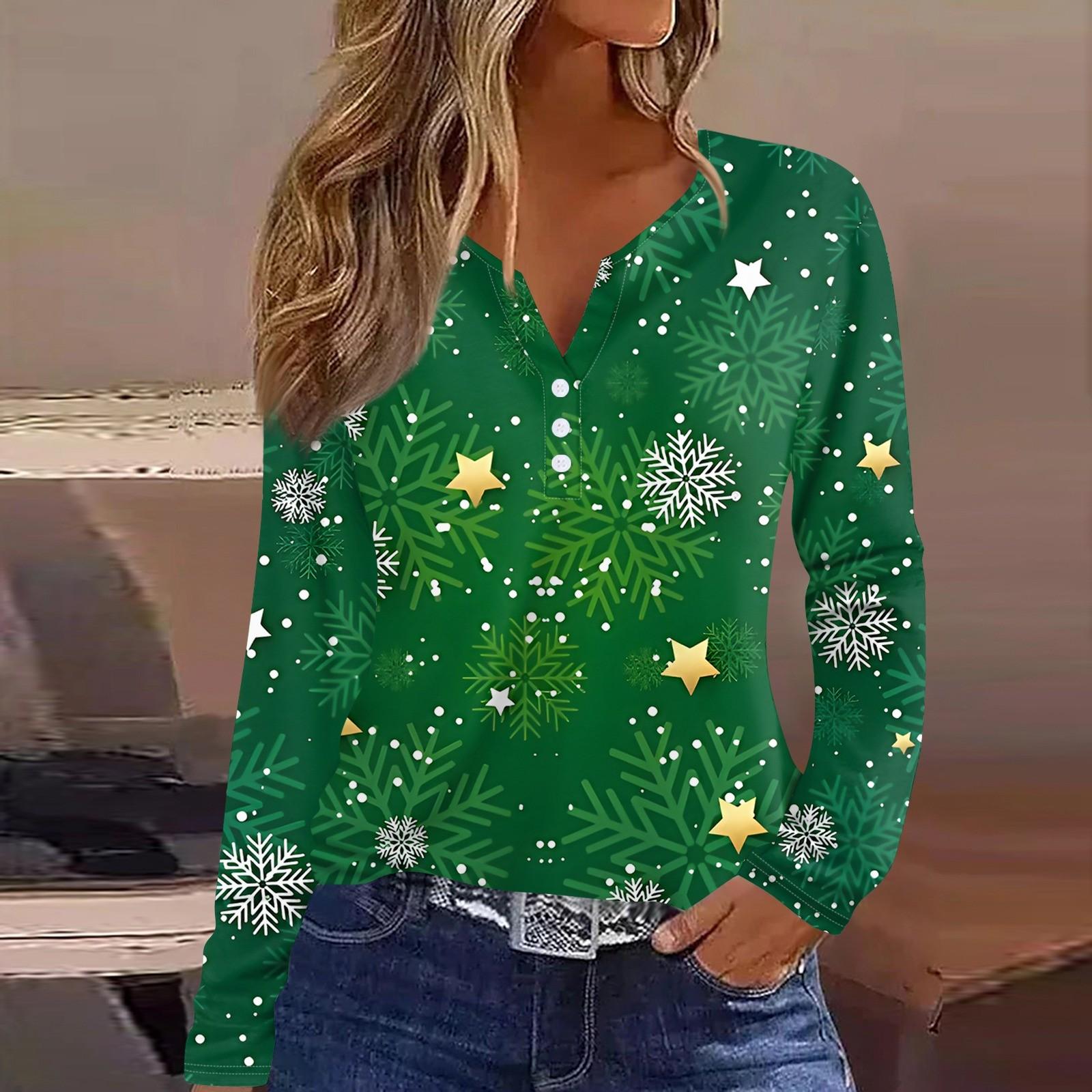 

Женская футболка с рождественским принтом на пуговицах с длинным рукавом, повседневная, выходного дня, модная, базовая, с V-образным вырезом, обычная XXL зелёный