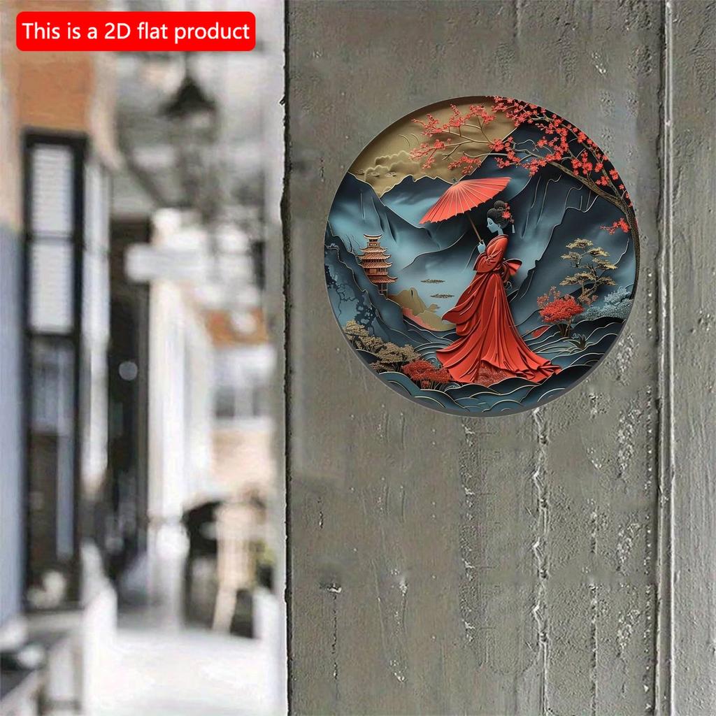2d Flat 20*20cm, Round Wooden Wall Sign, Japanese Kimono Decorative Art for Door Decor Room Decor, Home Decor with Modern Style.