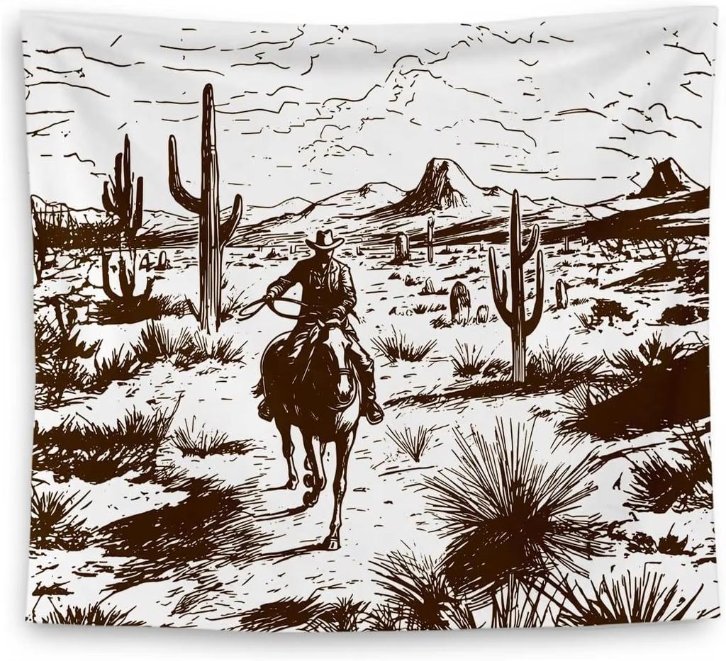 Retro Wild West Tapestry, Vintage Cowboy Riding Horse Desert Cactus Wall Hanging For Living Room Bedroom Rustic Home Decor