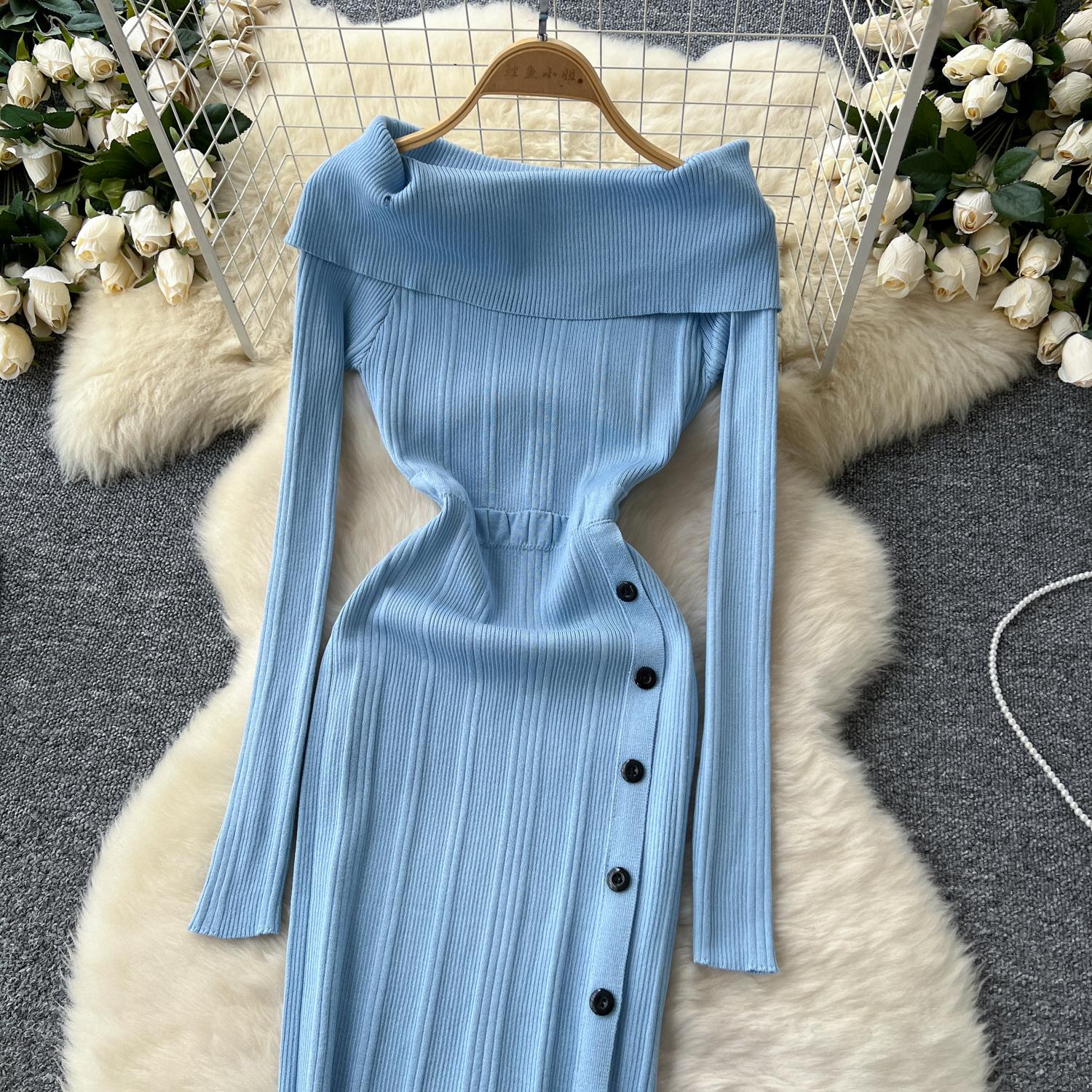 Трикотажные длинные платья для женщин с вырезом-лодочкой и открытыми плечами — фото 20