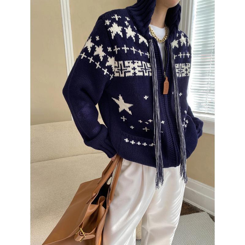 

Вязаный кардиган Sinan Retro Fair Isle Star с кисточками и застежкой-молнией (SN6931) One Size тёмно-синий