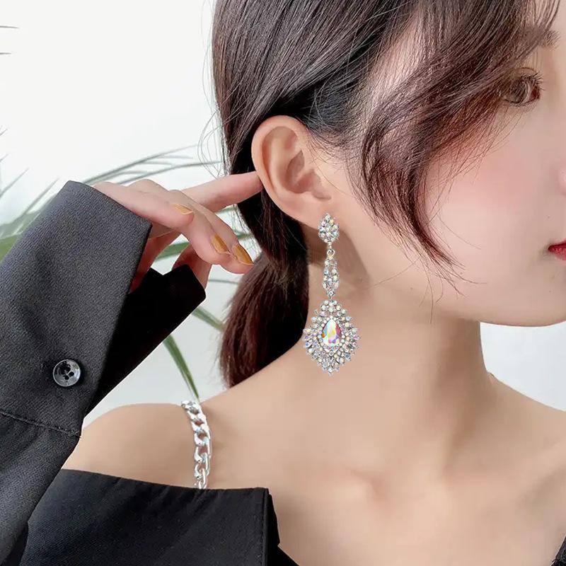 Retro Long Water Drop Rhinestone Earrings, Alloy Diamond-encrusted Gypsy Bride Earrings, High-end Antique Earrings