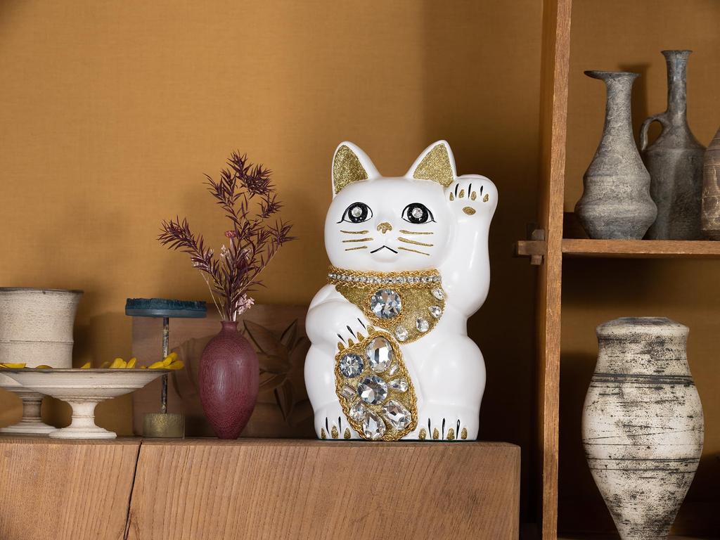 Lucky Cat Jewelry Cat Left Paw Raised Ceramic Lucky Cat Maneki Neko Feng Shui Ornament Offering Box (L-SIZE White) / - (Lucky Cat) - - (jw_L White)