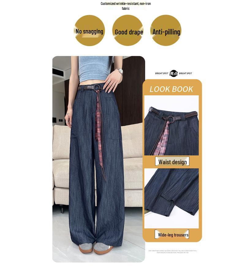 Women's Retro High-Waisted Faux Denim Pants - Slimming Belted Straight-Leg, Casual Spring 2026 Collection