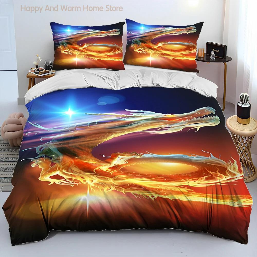 Drachen Cartoon Bettdecke Bettwäscheset, Bettbezug Bettset Steppdecke Kissenbezug, King Queen Size Bettwäscheset für Erwachsene Jungen Geschenk