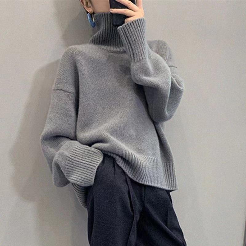 Women's European High Neck Pullover Sweater: Autumn/Winter Loose Fit, Slimming Plain Knit Base Layer