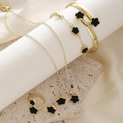 Lucky Five-petal Flower Clover Earrings Necklace Ring Bracelet Four-piece Set for Woman Fashionable Accessories Party Jewelry