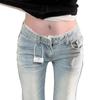 Jeans a Zampa Vita Bassa Donna Blu Chiaro Lavato Design con Inserti di Pizzo Primavera Estate Dimagranti Versatili Pantaloni in Denim