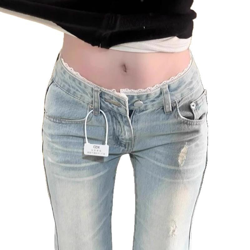 Jeans a Zampa Vita Bassa Donna Blu Chiaro Lavato Design con Inserti di Pizzo Primavera Estate Dimagranti Versatili Pantaloni in Denim