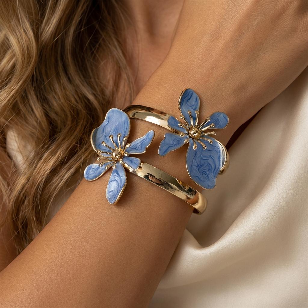 Fijn Emaille Bloemen Manchet Armband voor Vrouwen Elegante Vergulde Verstelbare Open Armband Esthetische Bruiloft Feest Sieraden Cadeau