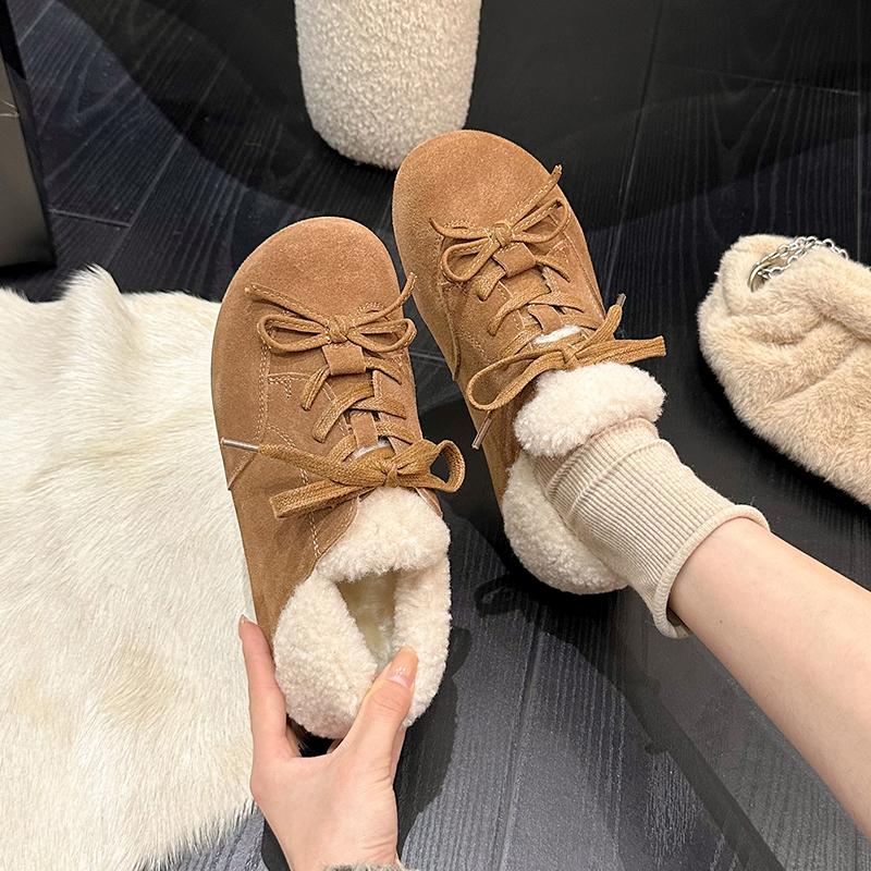 Innen erhöhte Schuhe mit niedrigem Absatz Herbst und Winter Neu Runde Spitze Wildleder Schleife Weiche Sohle Plüschschuhe für Damen