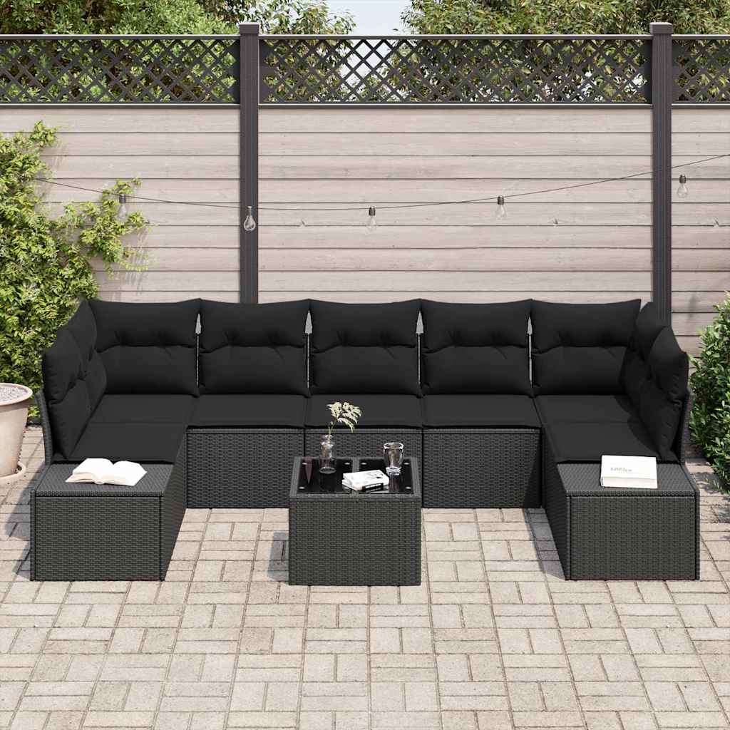 8 Piece Black Poly Rattan Garden Sofa Set with Cushions