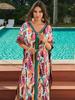 EDOLYNSA Plus Size Kaftan With Bag Bohemian Printed Summer Long Beach Dress Women Homewear Outfit Swim Suit Cover Up Loose Caftan