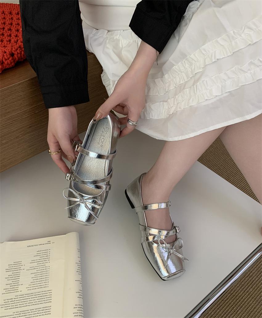 

~ Beautiful cross-buckle ballet shoes women s French bow Mary Jane shoes matte light mouth square head single shoes 39 серебряный