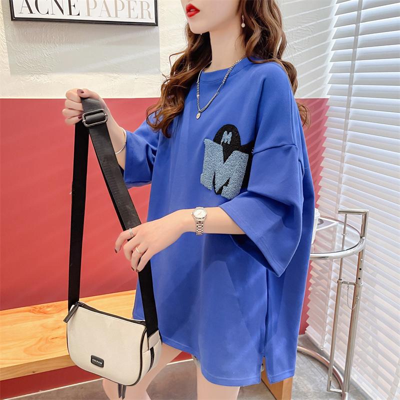 Avslappnad Sommar Dam Rund Hals Broderad Kort Ärm Lös Mode Koreansk Version Mångsidig Mellanlång T-shirt Toppar