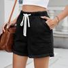 Women's Fashion Solid Color Pocket Curled Edge Elastic Waist Strap Casual Denim Shorts