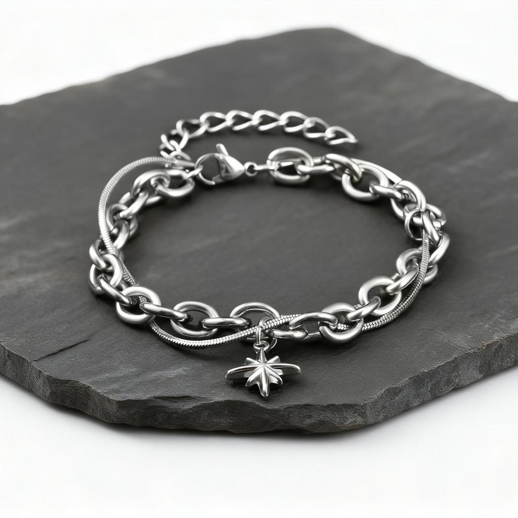Hiphop Four-point Star Chain Bracelet for Men,Two Layers Stainless Steel Adjustable Chain Link Wristband Gift