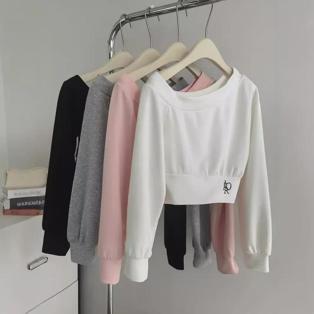 Europäischer und amerikanischer schulterfreier Pullover im koreanischen Stil - Herbstliches, leichtes, locker sitzendes, kurzes, langärmliges Damenoberteil