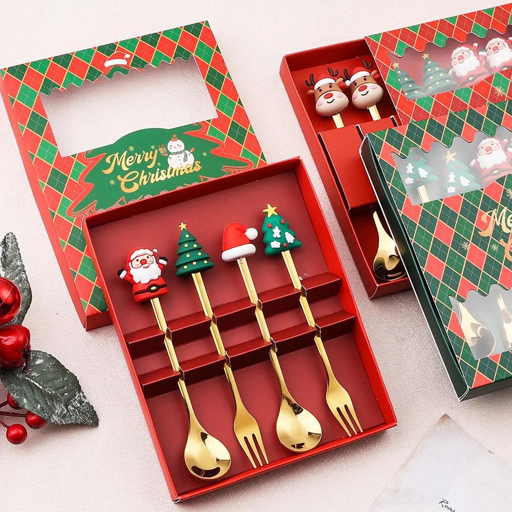 2/4/6PCS Christmas Gift Glod Spoon Fork Set Elk Christmas Cutlery Set Tree Decoration Dessert Scoop Fruit Fork Coffee Spoon