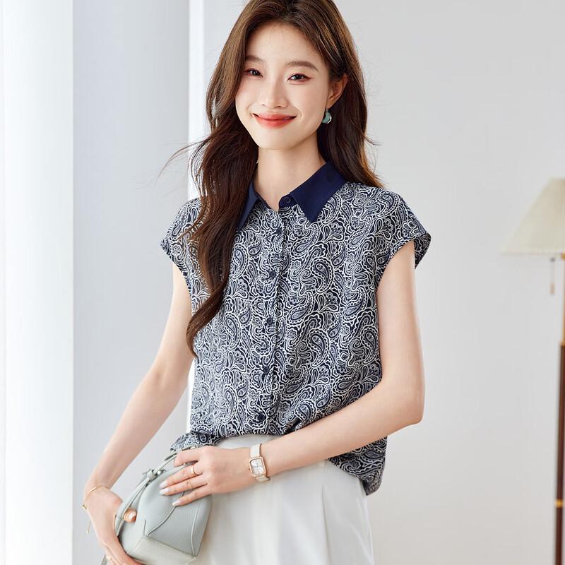 Srcr Women s Floral Print Silk Short-Sleeve Blouse M