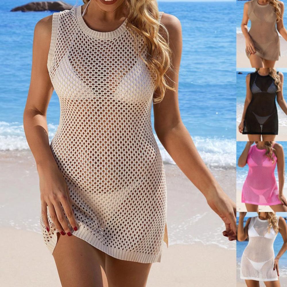Women's Crew Neck Sleeveless Crochet Knit Side Slit Slim Fit Beach Cover Up Dress