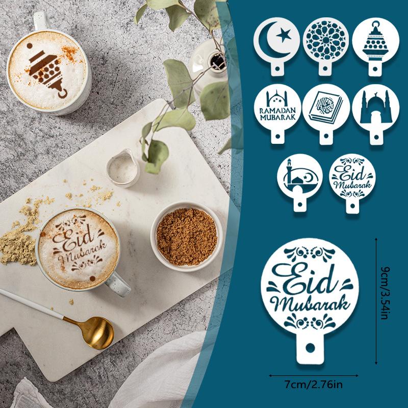 8Pcs/set Muslim Ramadan Coffee Spray Stencils Cookie Cake DIY Mold 2025 Eid Mubarak Islamic Festival Party Decoration Supplies