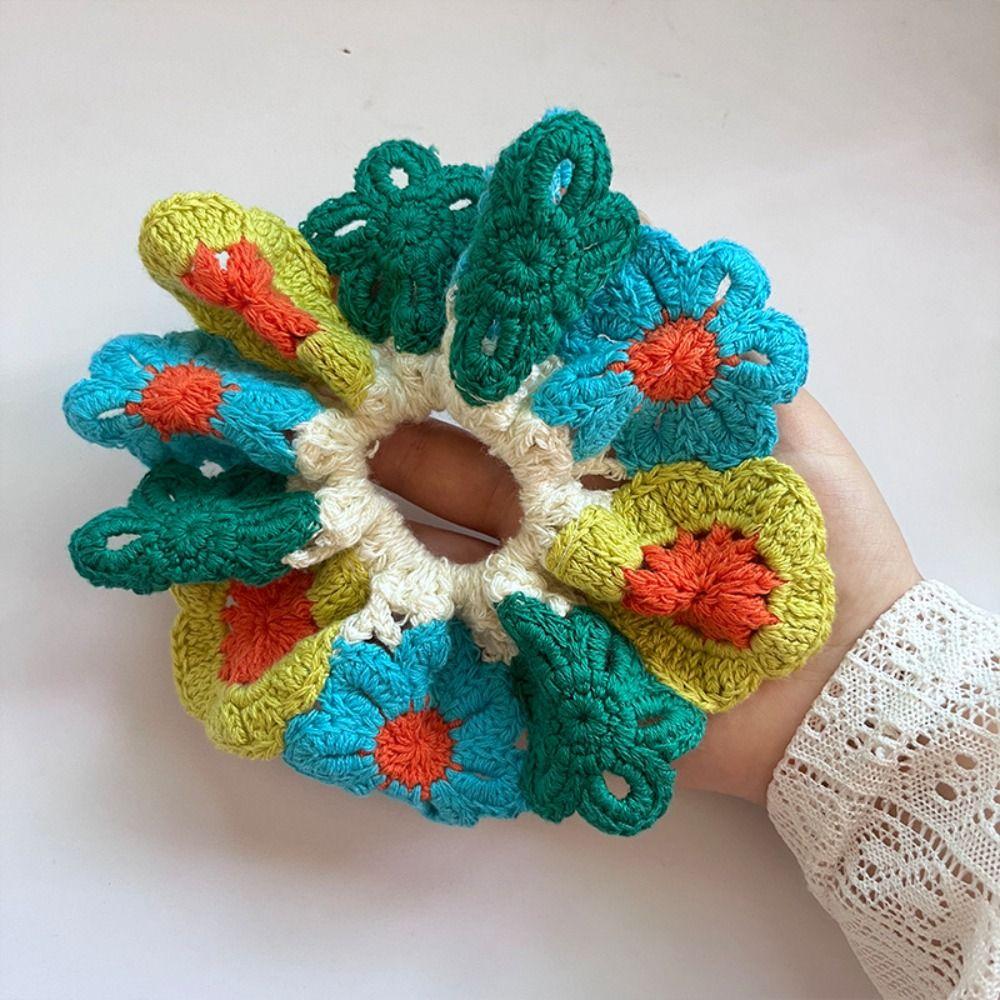 Fashion Bohemian Style Crocheted Flower Scrunchies Flores Elastic Knitted Hair Rope Colorful Woven Ponytail Hair Band Daily