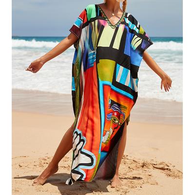 Boho-Überwurf für Damen, Übergröße, kontrastierender, lockerer Schnitt, Vacay-Strand-Kaftan-Kleid