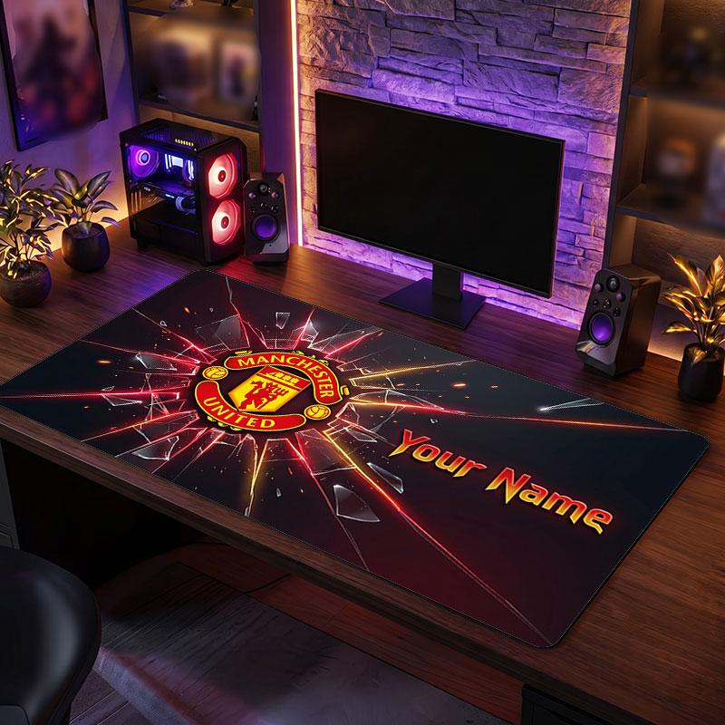 Tappetino per Mouse Grande Personalizzato Manchester United, Stampa Testo Nome Personalizzato, Tappetino da Scrivania Antiscivolo con Logo Calcio, Regalo per Gamer