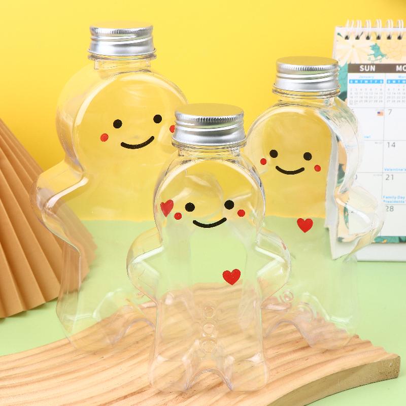 1 Pcs Christmas Gingerbread Man Candy Jar Sealed Plastic Juice Drink Bottle Xmas Party Year Gingerbread Man Drink Container