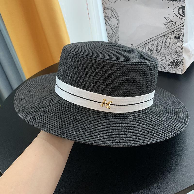 M Straw Hat Women's Simple Flat-top Letter Elegant White Top Hat British Sun Protection Beach Vacation Sun Hat