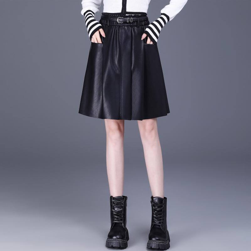 High-Waisted A-Line Leather Skirt for Women, Autumn/Winter, Pleated Lambskin Midi Skirt, Age-Defying & Classic Design
