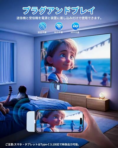 HDMI Wireless Transmitter and Receiver Set, USB-C 3.1 Transmitter, Ultra-Low Latency 1080P/2.4G+5G/50m Wireless Transmission, Audio/Video Sync, Wi-Fi