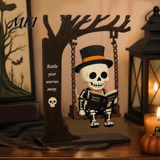 Halloween Celebration Accessories Funny Swing Ornament, Witch/Skeleton/Mummy/Pumpkin Ghost Sitting on Decorative for Party Reading Book Figurine